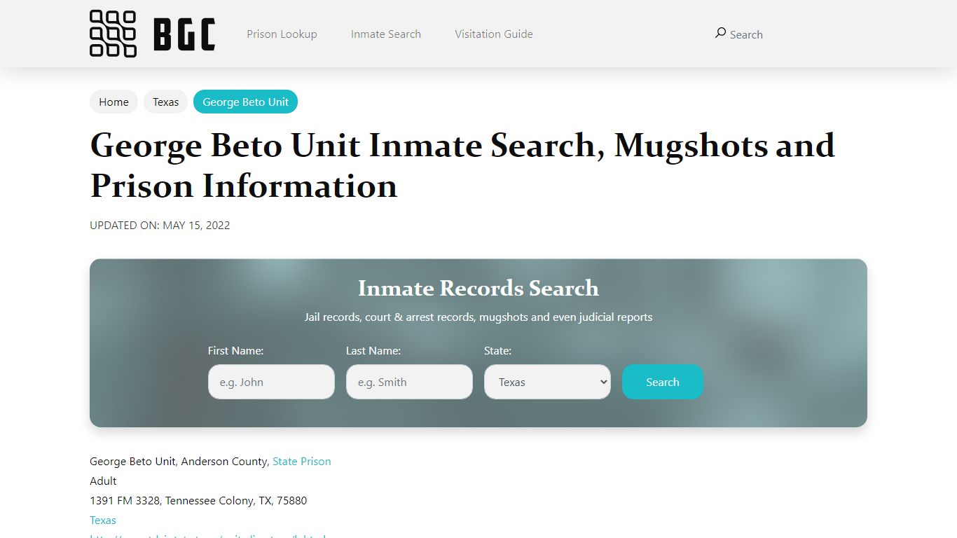 George Beto Unit Inmate Search, Mugshots , Visitation ...